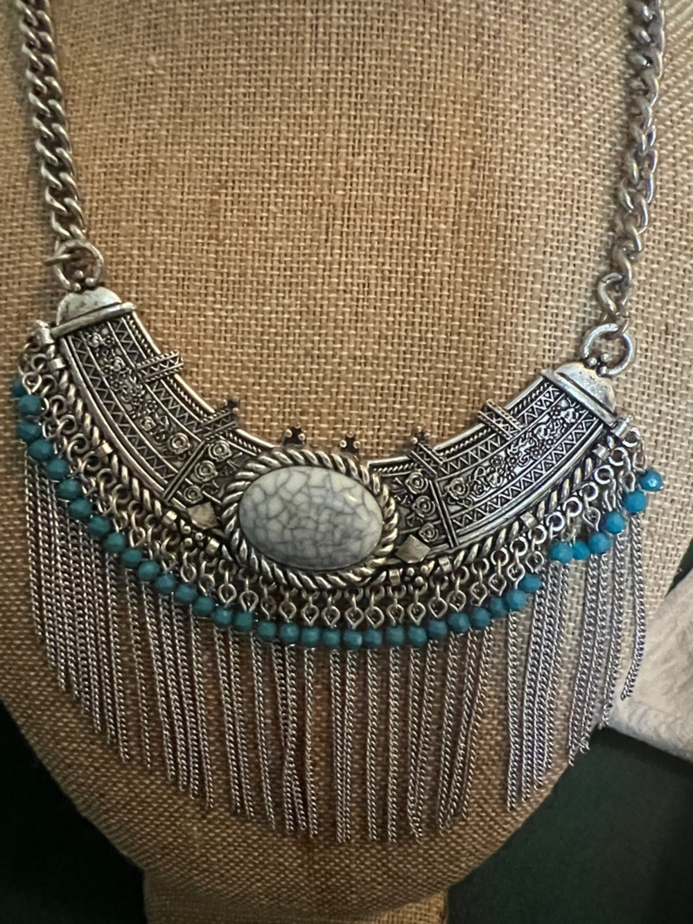 Bohemian Silver-Tone Fringe Necklace with Turquoise Beads